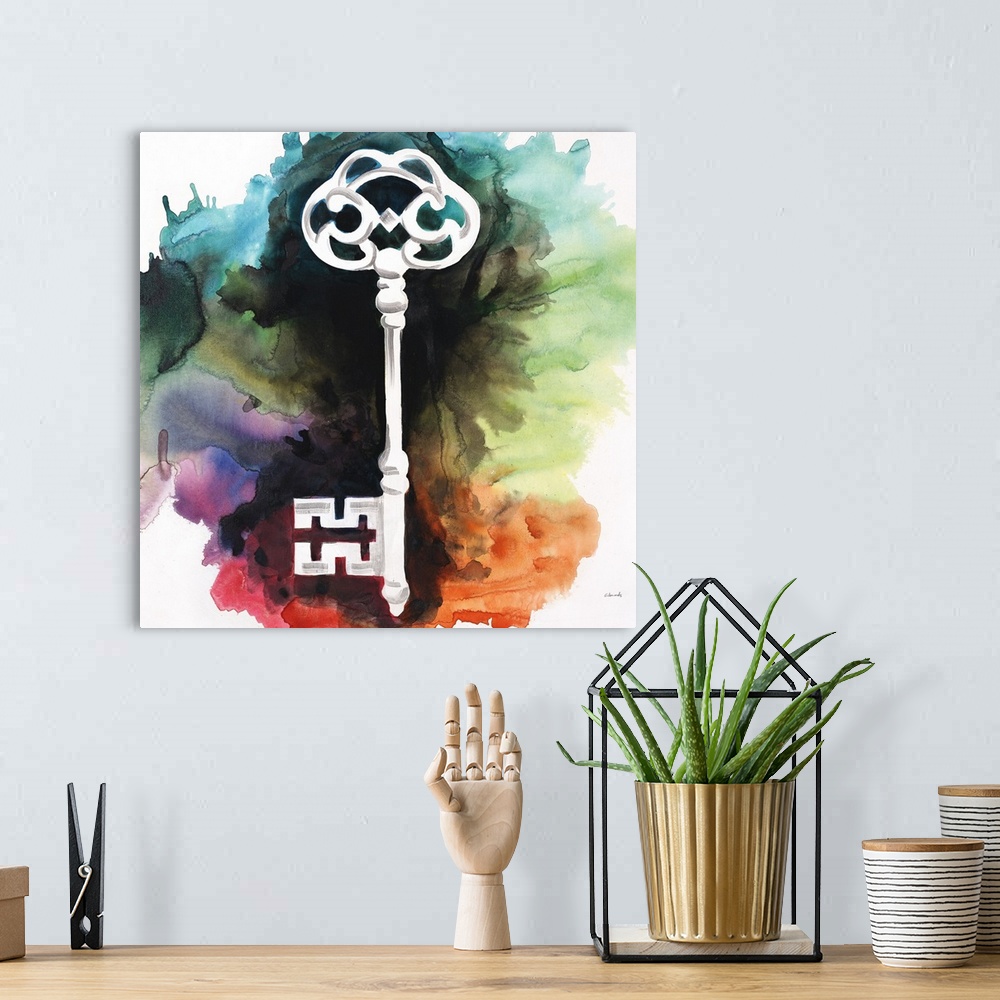 A bohemian room featuring Contemporary abstract painting of an old white skeleton key against a background of vibrant water...