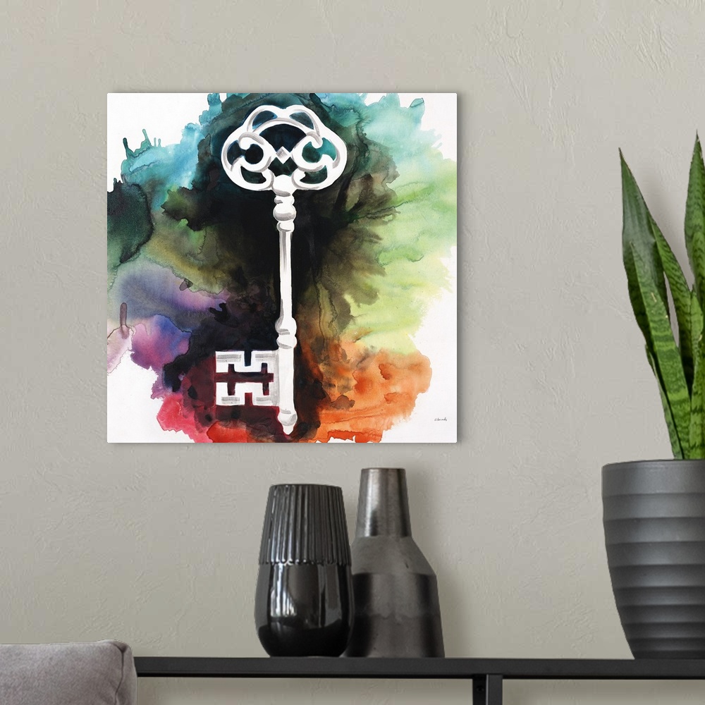 A modern room featuring Contemporary abstract painting of an old white skeleton key against a background of vibrant water...