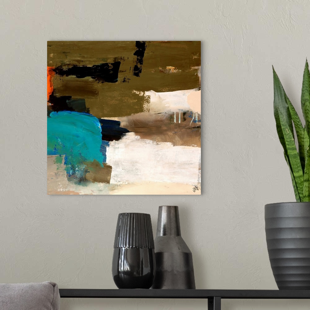 A modern room featuring Abstract painting that depicts sheep in a pasture.
