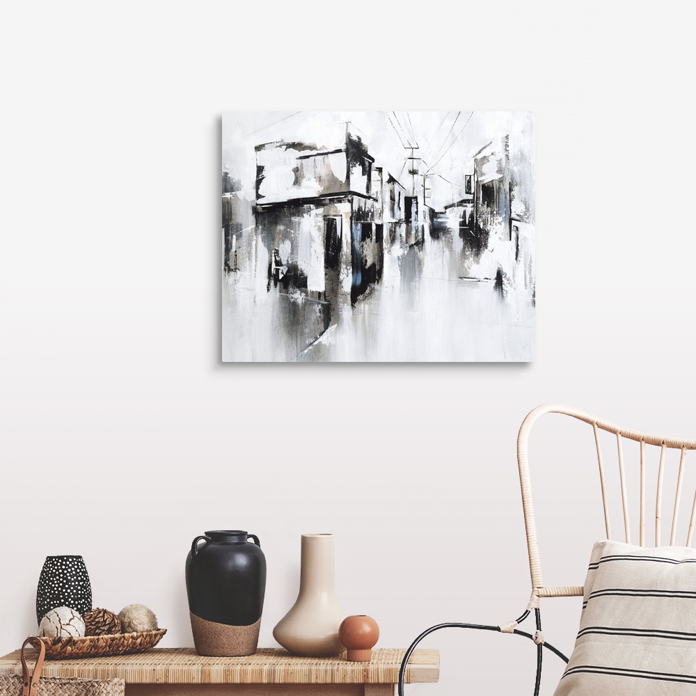A farmhouse room featuring An abstract landscape of a city street of stores and power lines.