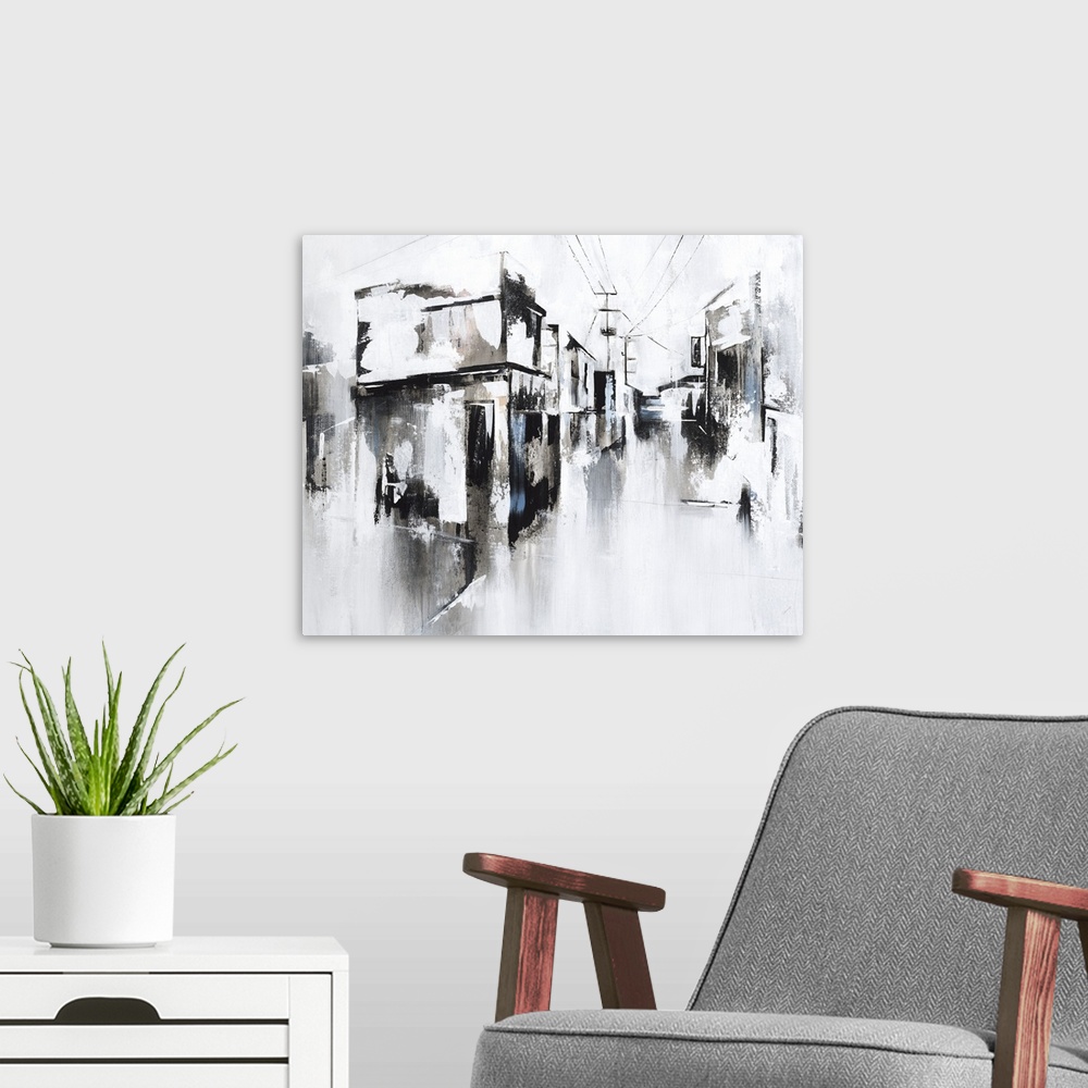 A modern room featuring An abstract landscape of a city street of stores and power lines.
