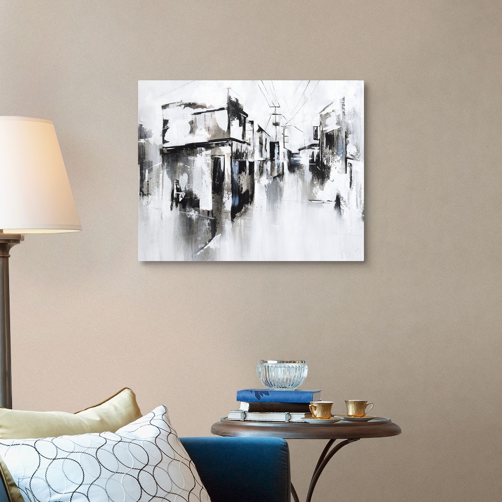 A traditional room featuring An abstract landscape of a city street of stores and power lines.