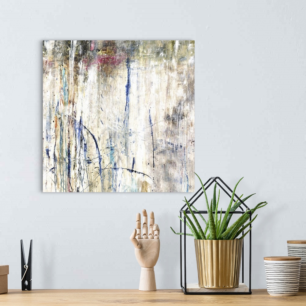 A bohemian room featuring Square abstract artwork with neutral tones in the background and thin lined brushstrokes on top i...