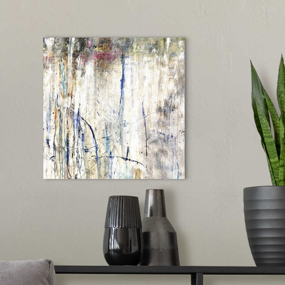 A modern room featuring Square abstract artwork with neutral tones in the background and thin lined brushstrokes on top i...