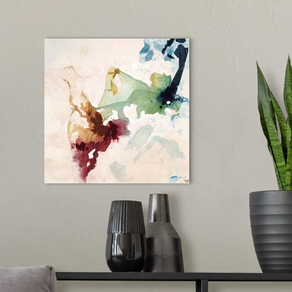 A modern room featuring Abstract painting using a spectrum of colors appearing as if they are flowing and tumbling throug...