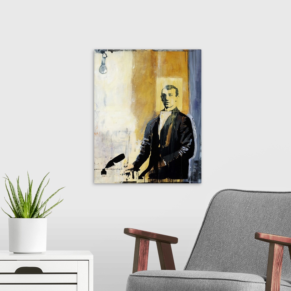 A modern room featuring Figurative painting of a man in a jacket, standing at a table next to a feathered pen and bottle ...