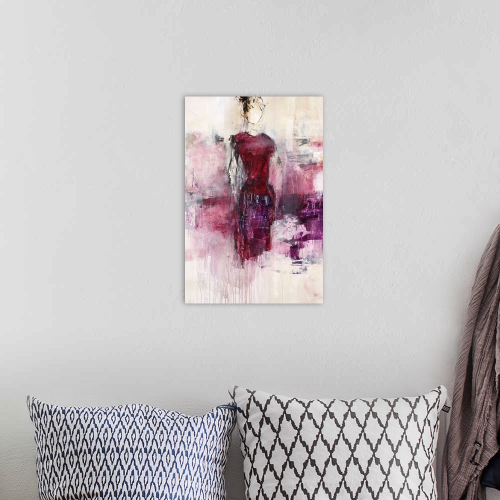 A bohemian room featuring Contemporary figurative painting of a woman wearing a purple dress surrounded by an ethereal smok...