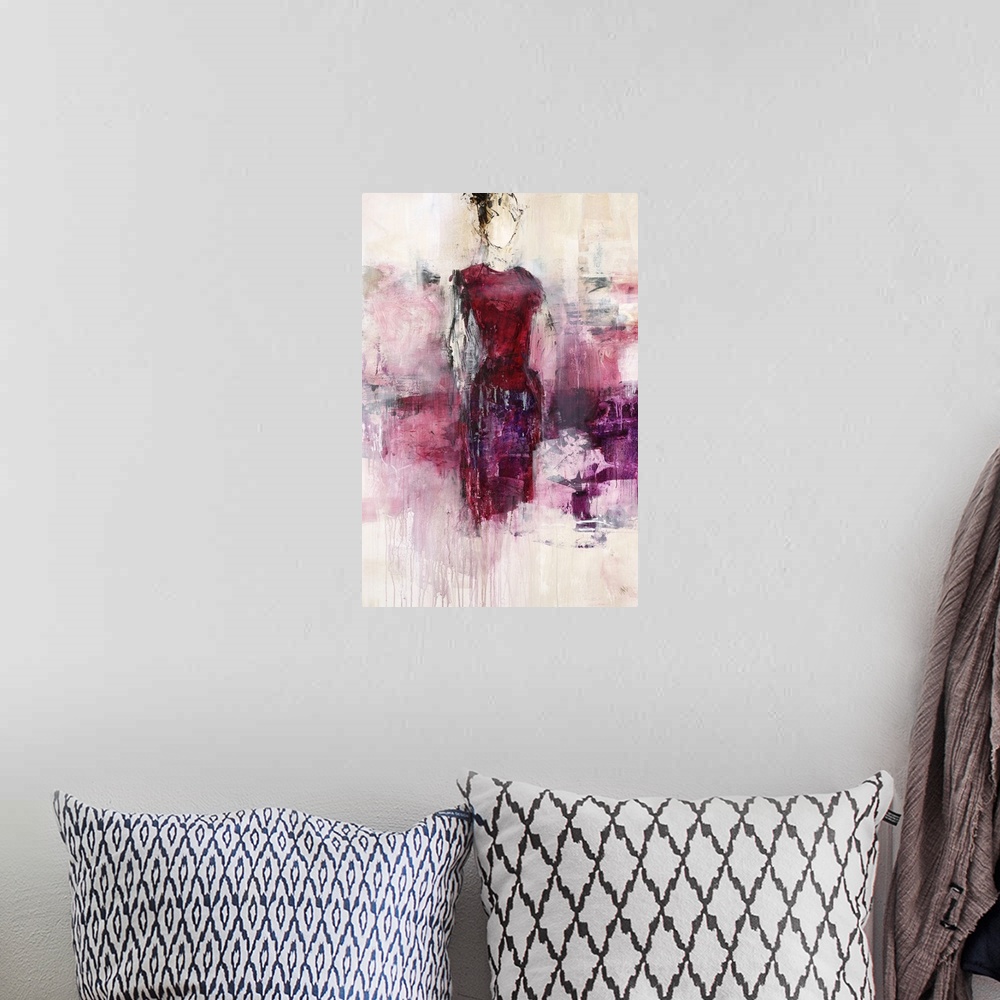 A bohemian room featuring Contemporary figurative painting of a woman wearing a purple dress surrounded by an ethereal smok...