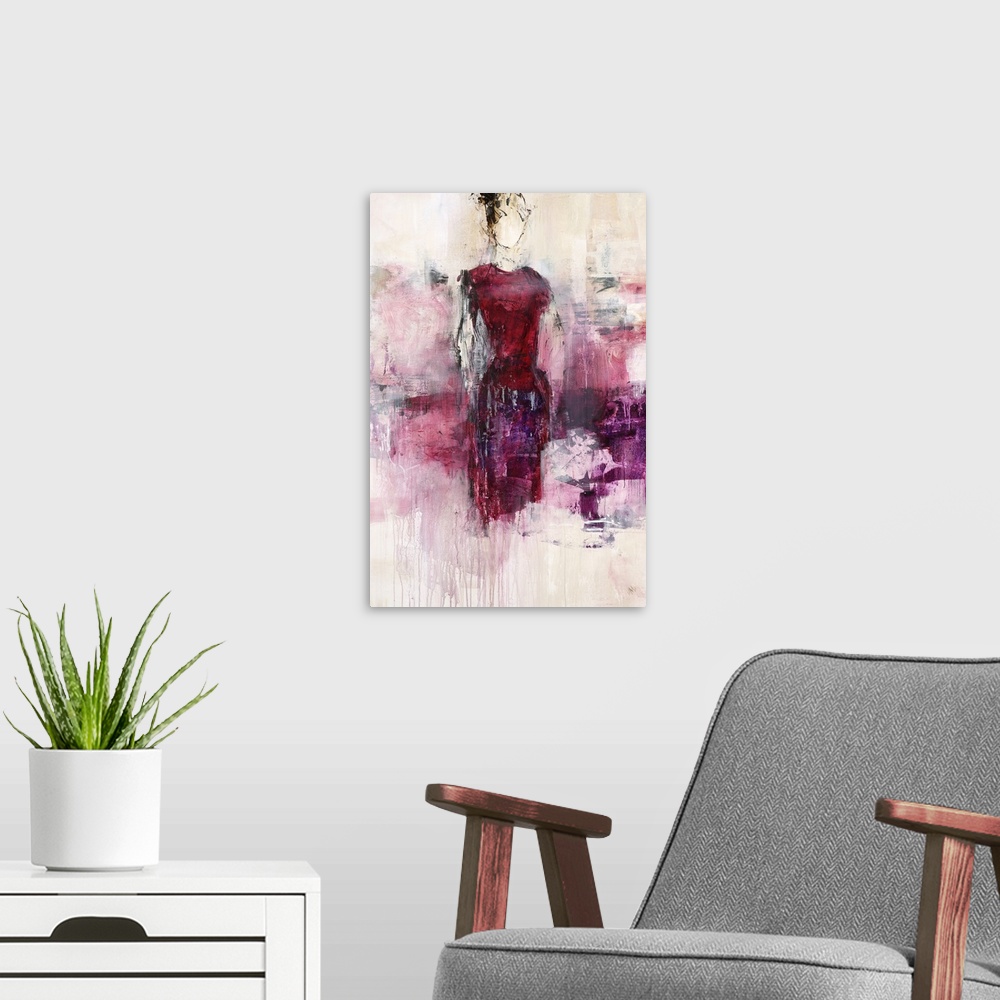 A modern room featuring Contemporary figurative painting of a woman wearing a purple dress surrounded by an ethereal smok...
