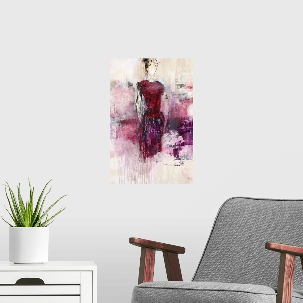 A modern room featuring Contemporary figurative painting of a woman wearing a purple dress surrounded by an ethereal smok...