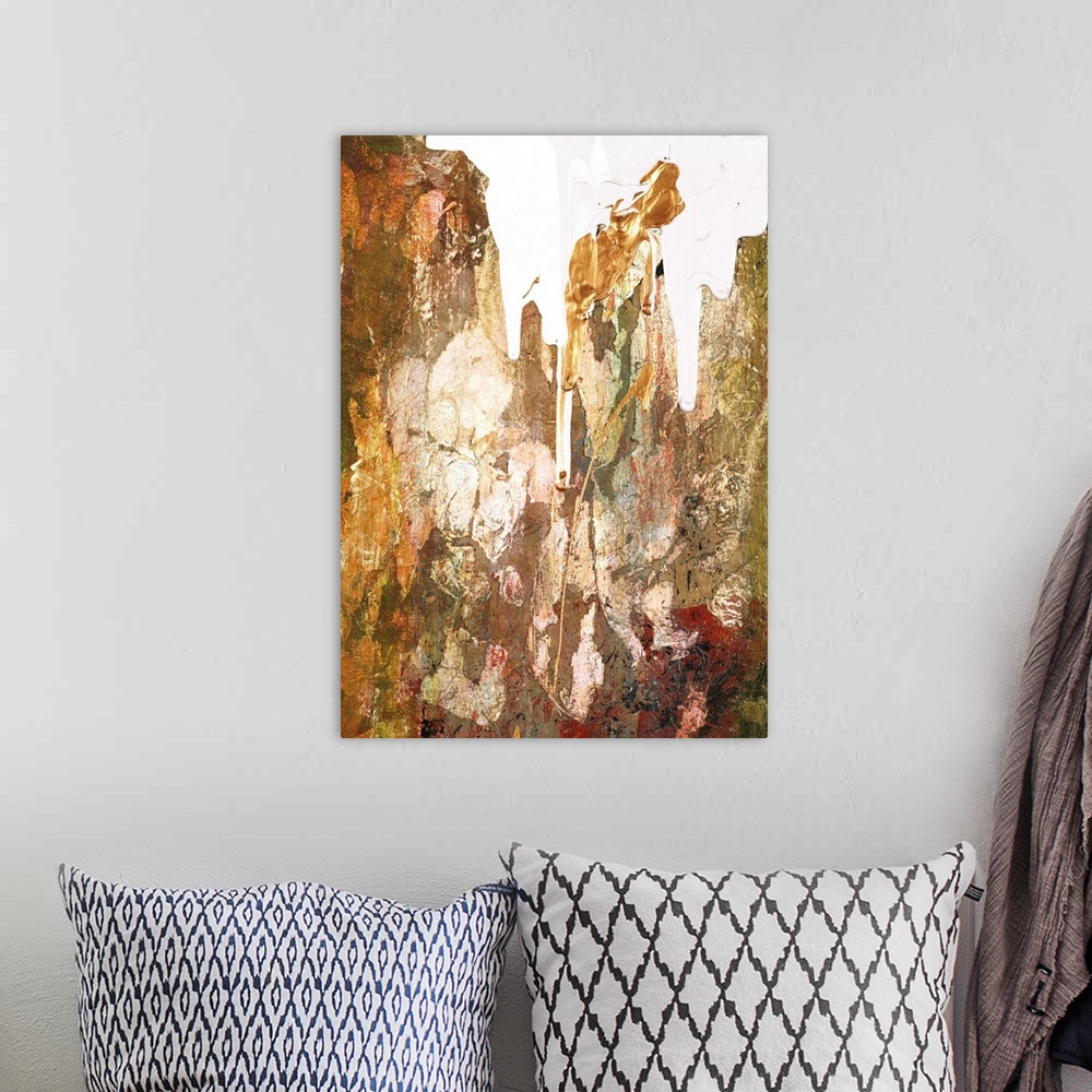 A bohemian room featuring Contemporary abstract artwork in rusty browns and gold with white.