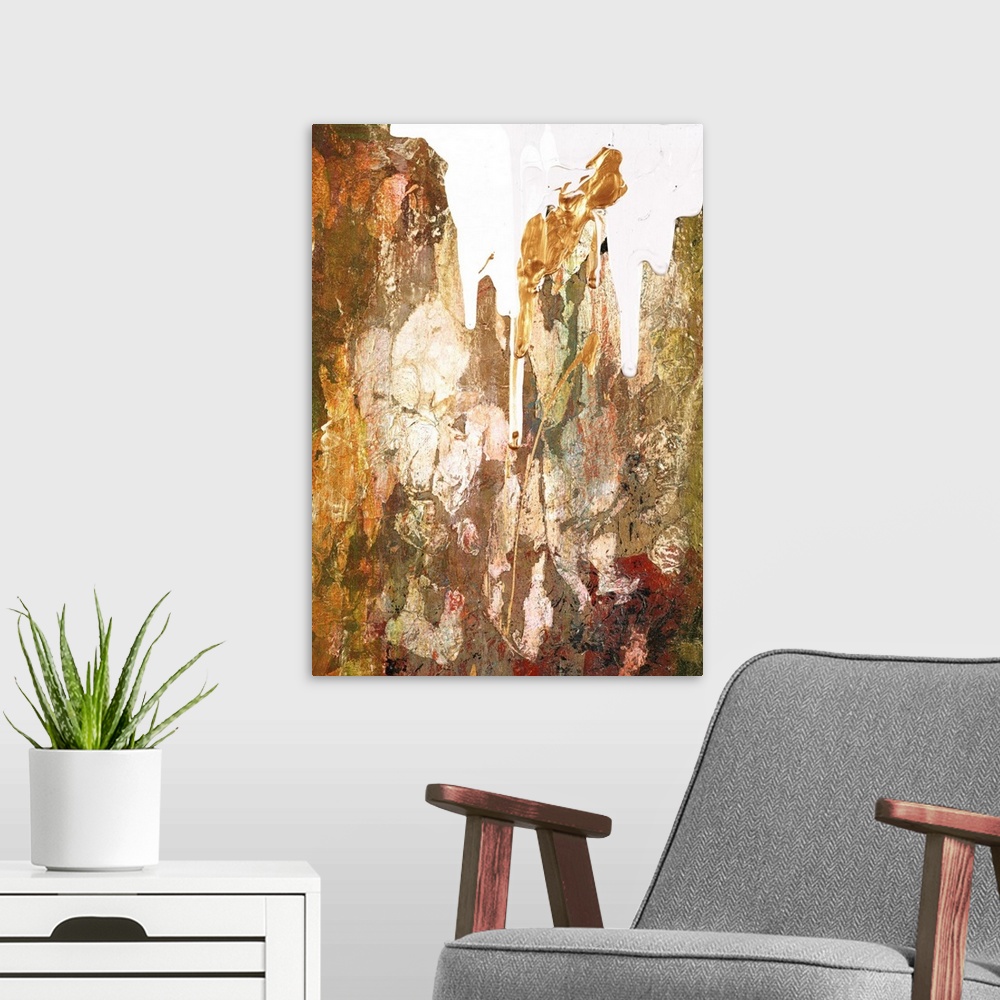 A modern room featuring Contemporary abstract artwork in rusty browns and gold with white.