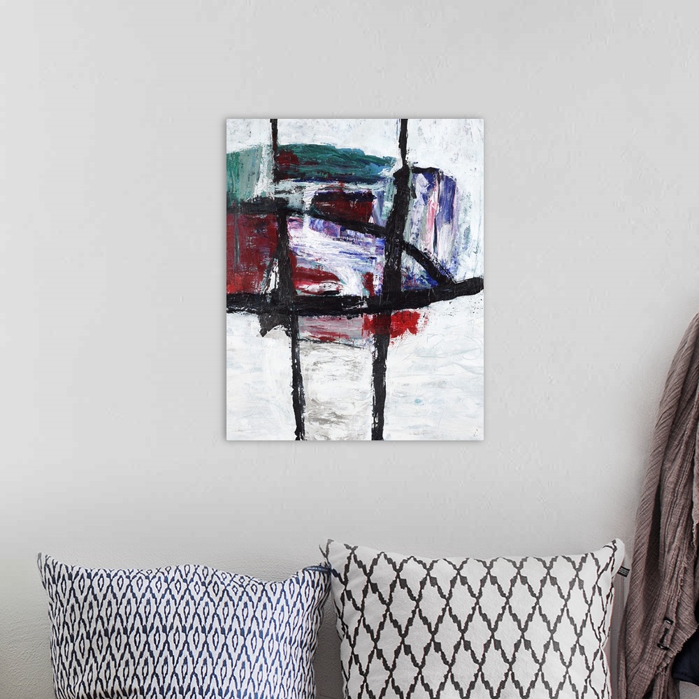 A bohemian room featuring Dark contemporary abstract painting with a ball of color at the top and thick black lines running...