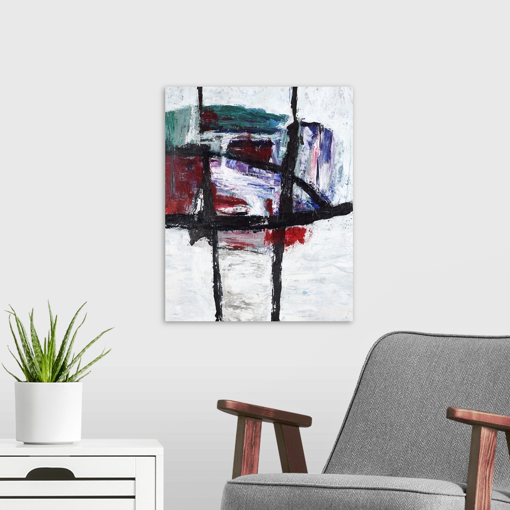 A modern room featuring Dark contemporary abstract painting with a ball of color at the top and thick black lines running...