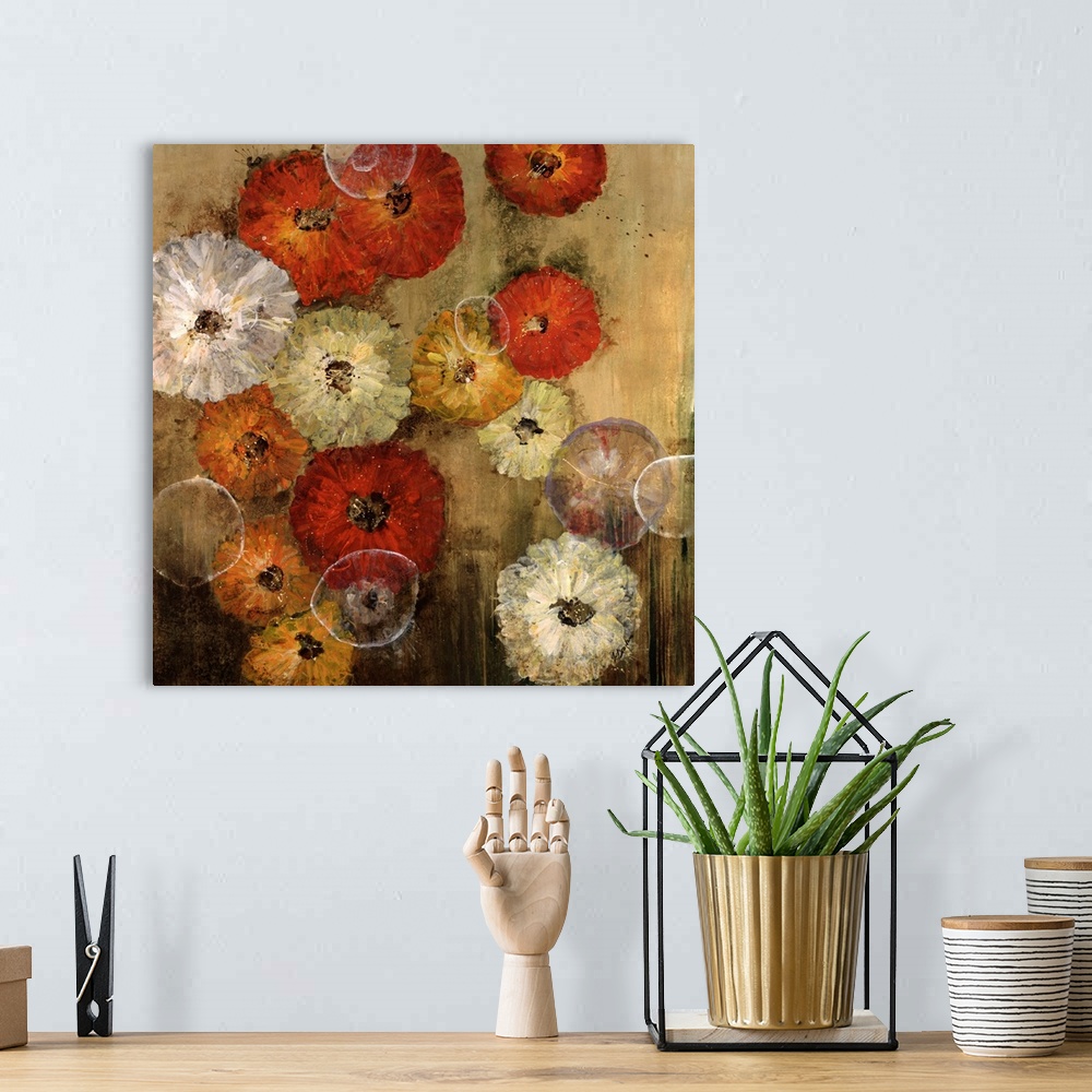 A bohemian room featuring Contemporary painting of floral collage, with flowers of different sizes and color.