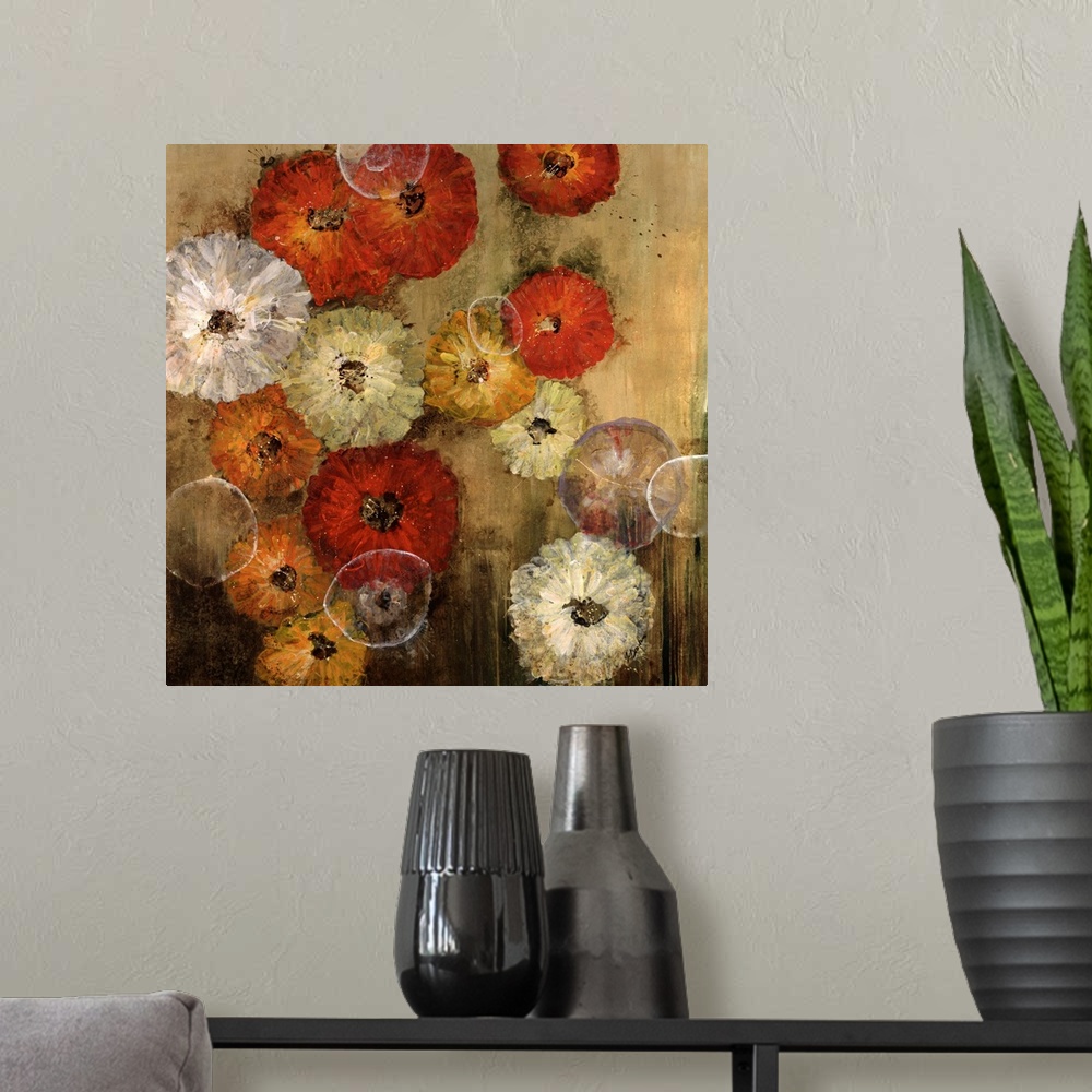 A modern room featuring Contemporary painting of floral collage, with flowers of different sizes and color.