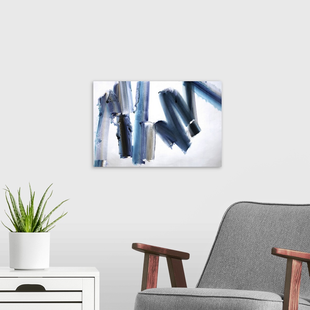A modern room featuring Abstract painting of bold, large brush strokes of blue, in zigzag shapes.