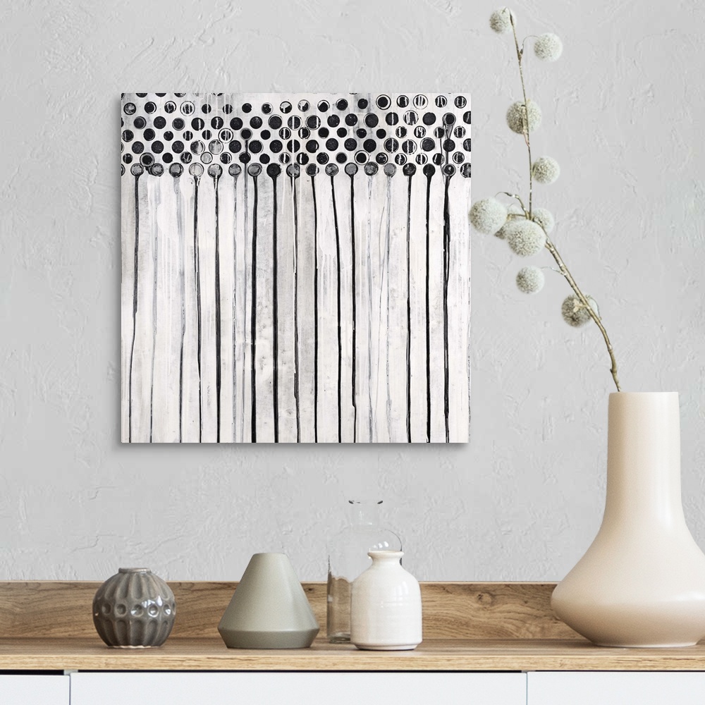 A farmhouse room featuring Contemporary abstract painting in black and white, with a dripping paint effect.