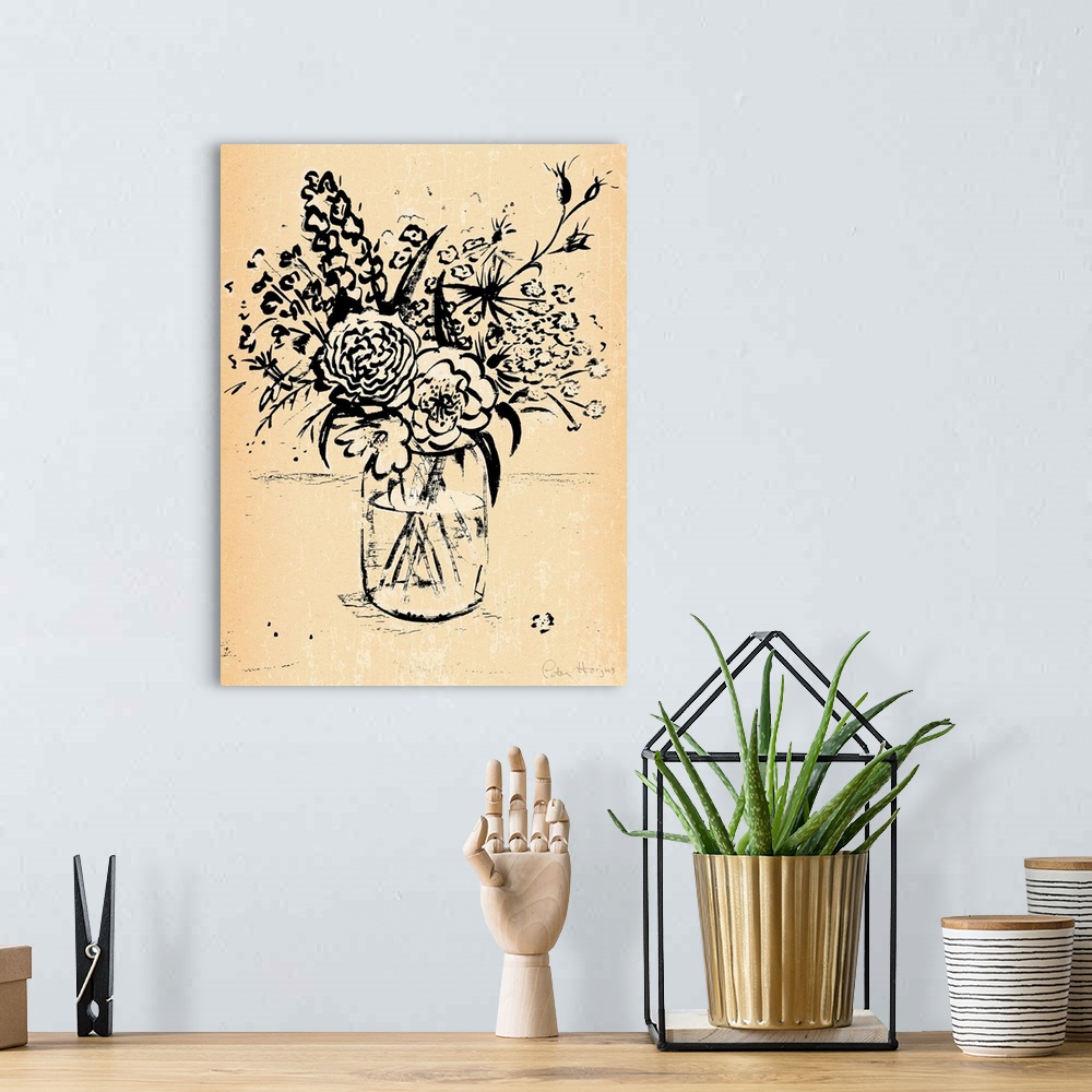 A bohemian room featuring 1940's vintage style wall art of a bouquet of flowers illustrated in black ink wash on distressed...