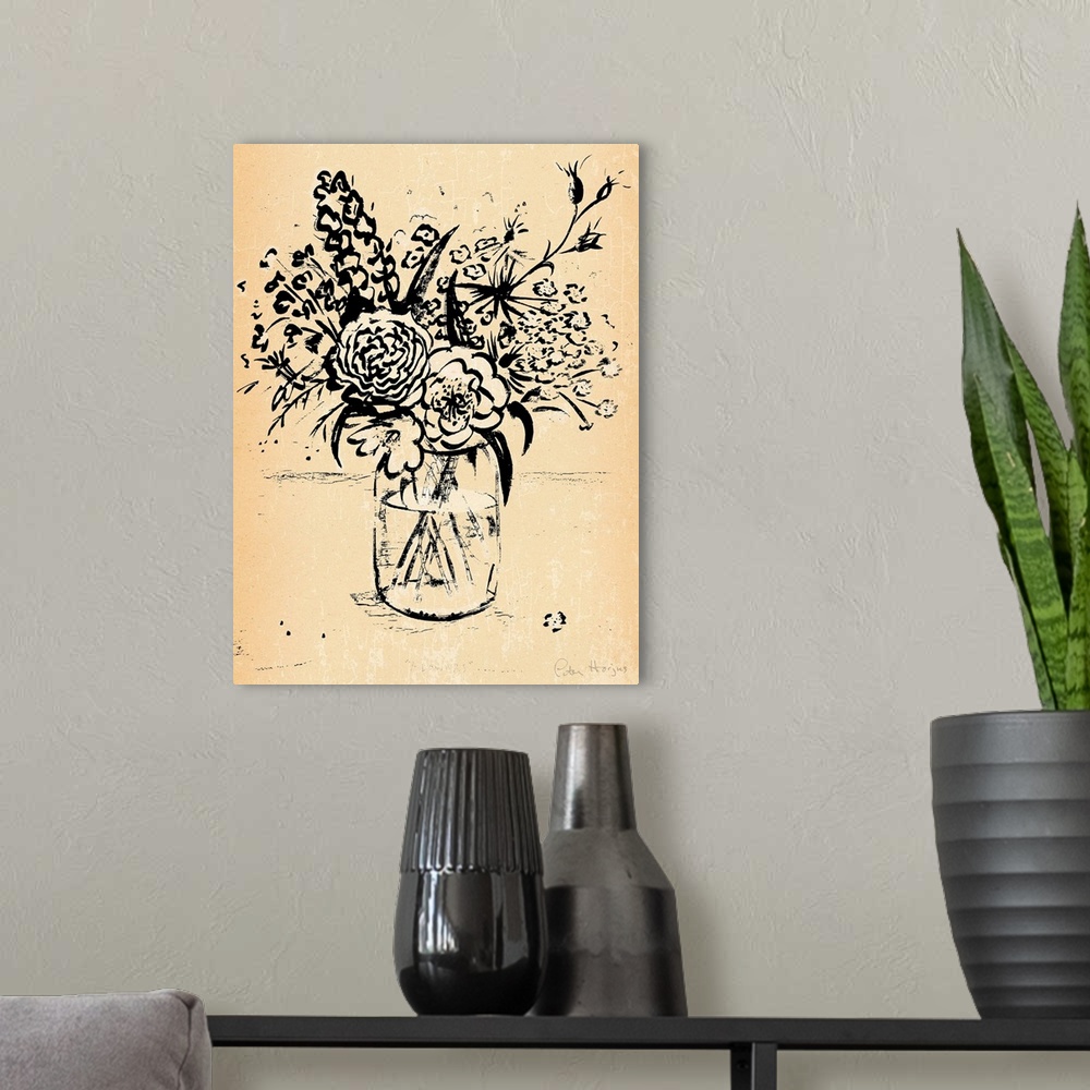 A modern room featuring 1940's vintage style wall art of a bouquet of flowers illustrated in black ink wash on distressed...