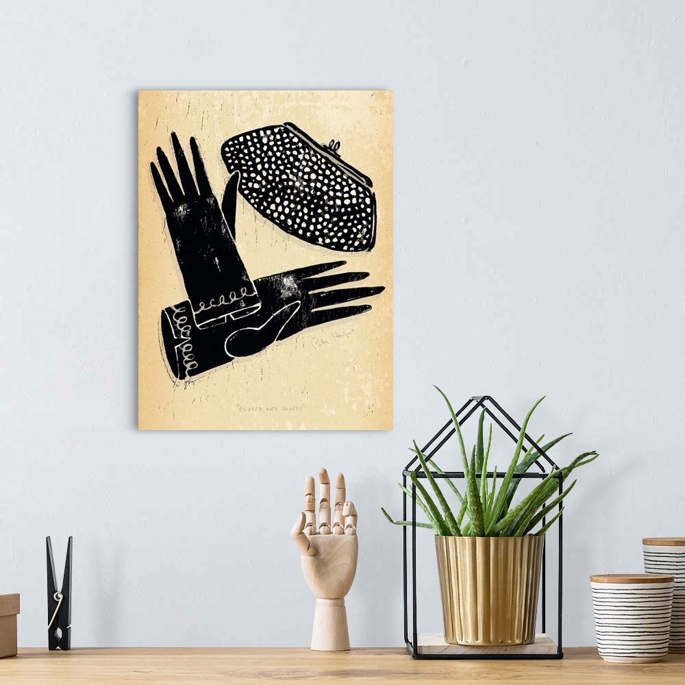 A bohemian room featuring 1940's vintage style wall art of a clutch purse and gloves illustrated in black ink wash on distr...