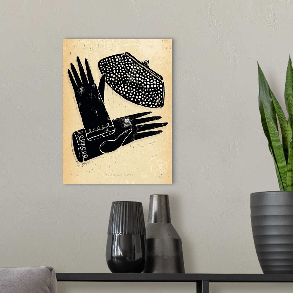 A modern room featuring 1940's vintage style wall art of a clutch purse and gloves illustrated in black ink wash on distr...