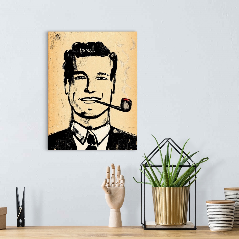 A bohemian room featuring 1940's vintage wall art black ink brush illustration on sepia background of a dapper man smoking ...