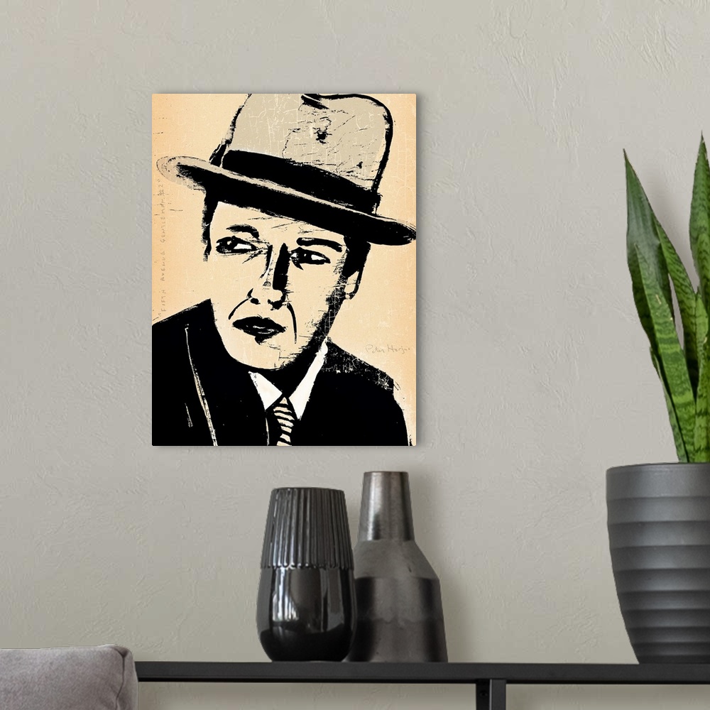 A modern room featuring 1940's vintage wall art black ink brush illustration on sepia background of a dapper gangster man...