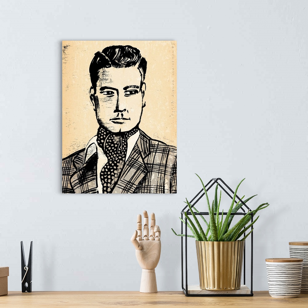 A bohemian room featuring 1940's vintage wall art black ink brush illustration on sepia background of a dapper man with fas...