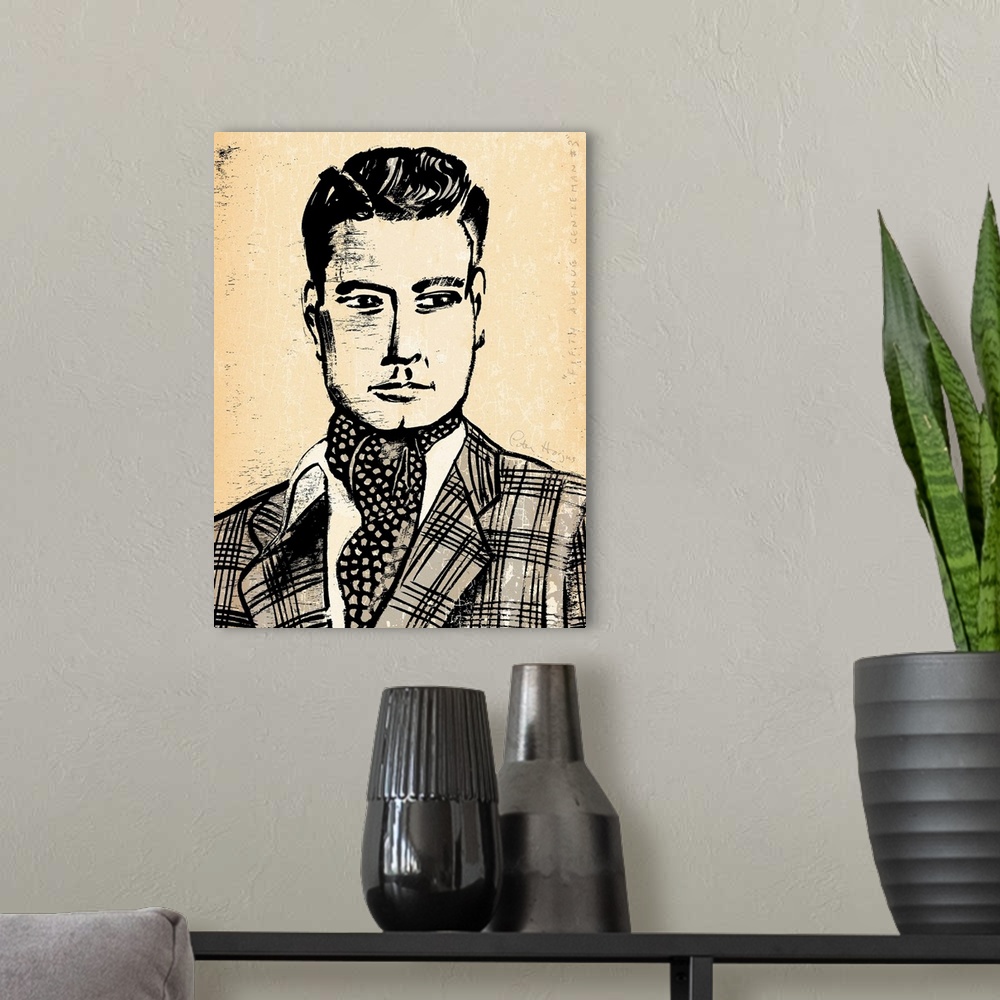 A modern room featuring 1940's vintage wall art black ink brush illustration on sepia background of a dapper man with fas...