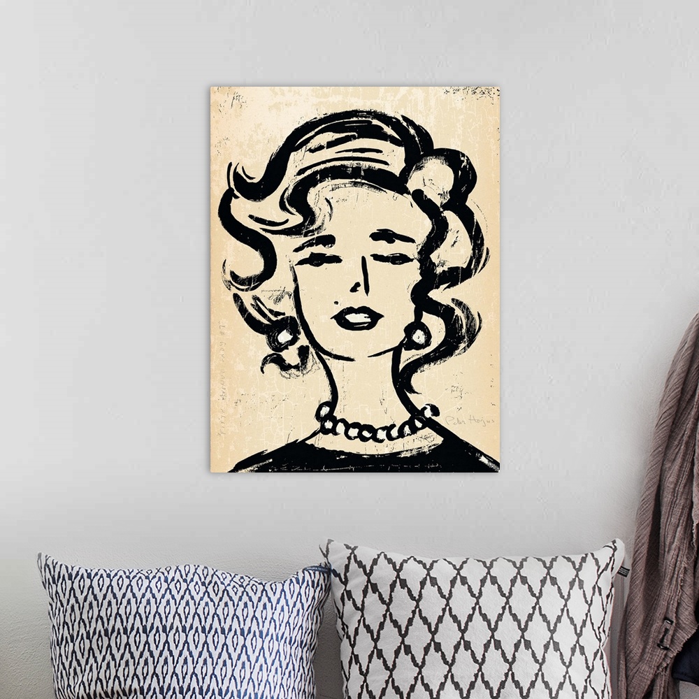 A bohemian room featuring 1940's vintage wall art black ink brush illustration on sepia background of the head and shoulder...
