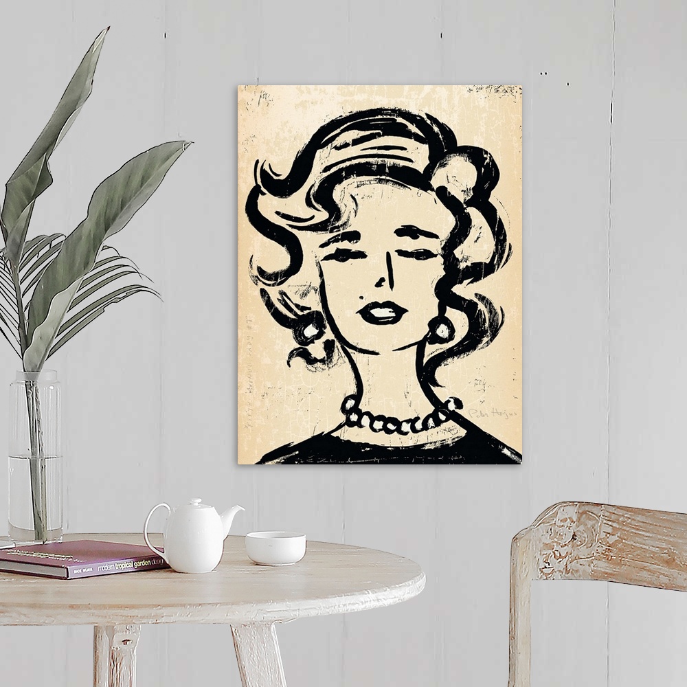 A farmhouse room featuring 1940's vintage wall art black ink brush illustration on sepia background of the head and shoulder...
