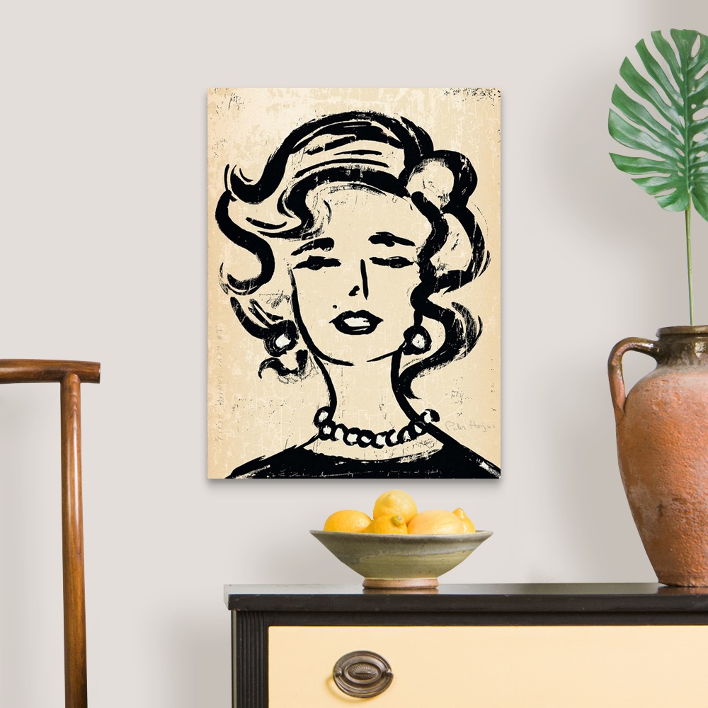 A traditional room featuring 1940's vintage wall art black ink brush illustration on sepia background of the head and shoulder...