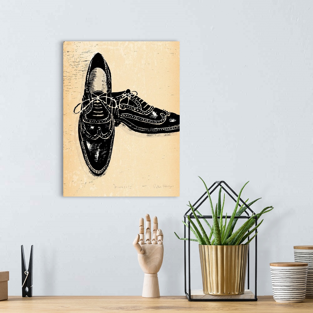 A bohemian room featuring 1940's vintage style wall art of a pair of wingtip shoes illustrated in black ink wash on distres...