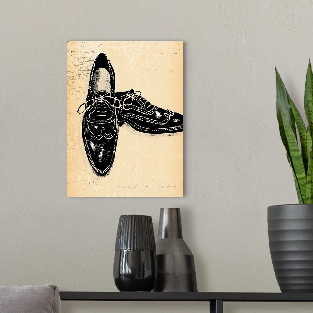 A modern room featuring 1940's vintage style wall art of a pair of wingtip shoes illustrated in black ink wash on distres...
