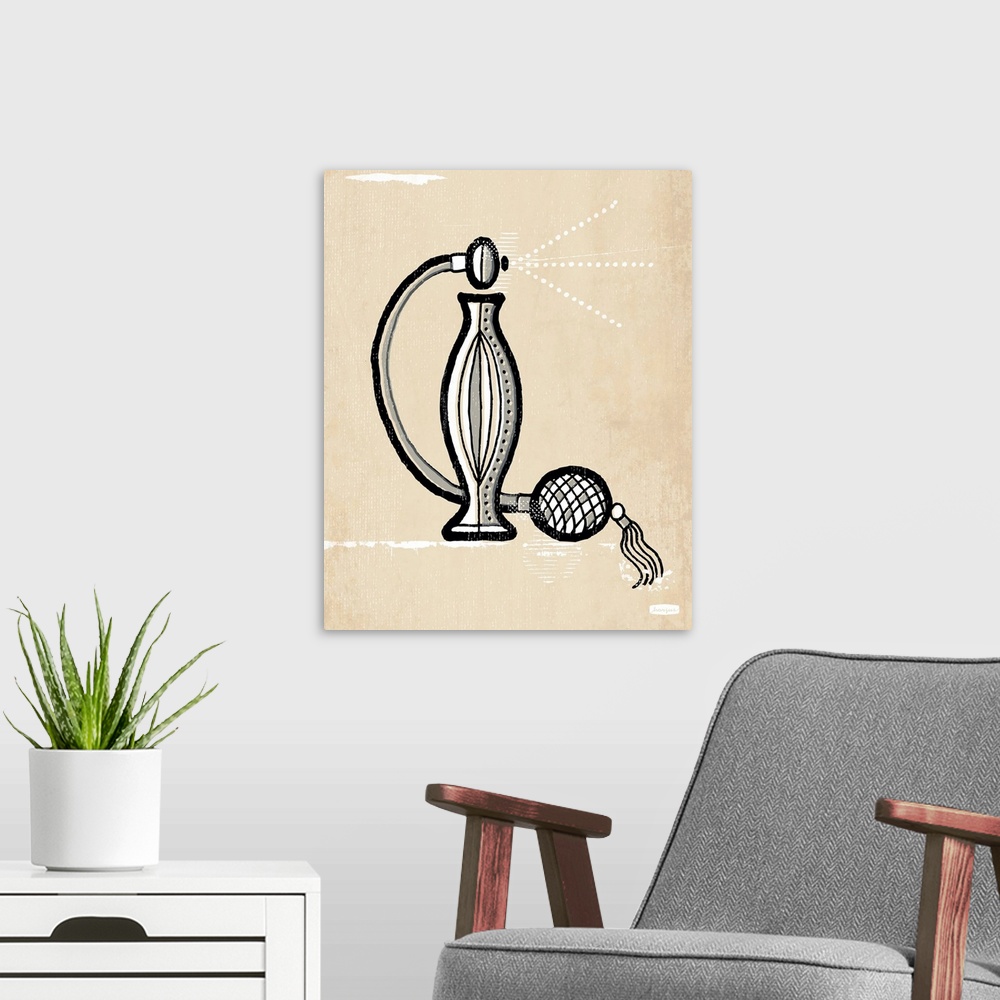 A modern room featuring 1960's vintage style wall art of perfume illustrated in black pen and ink line on distressed sepi...