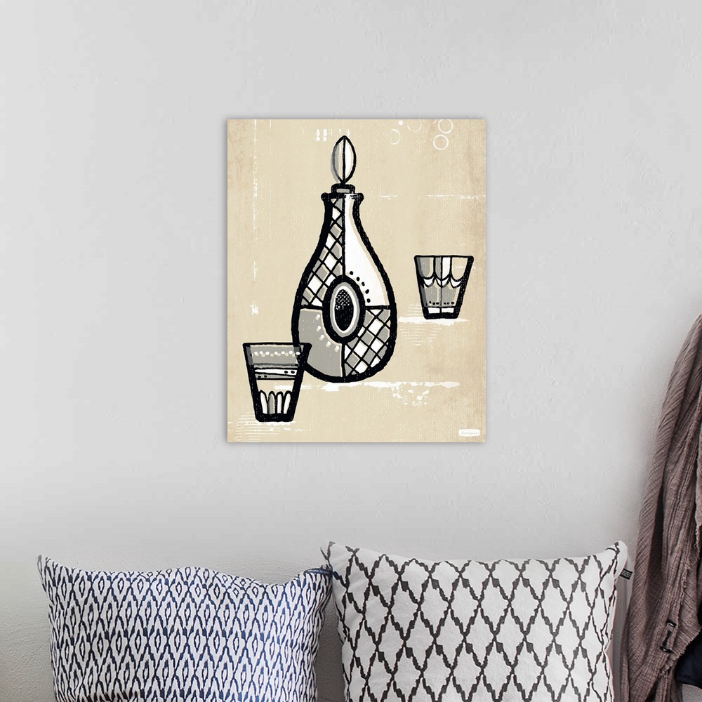 A bohemian room featuring 1960's vintage style wall art of bottle of scotch and two glasses illustrated in black pen and in...