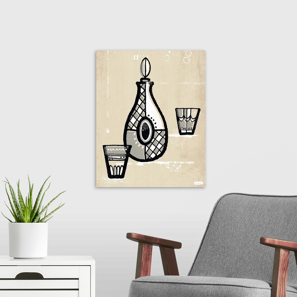 A modern room featuring 1960's vintage style wall art of bottle of scotch and two glasses illustrated in black pen and in...