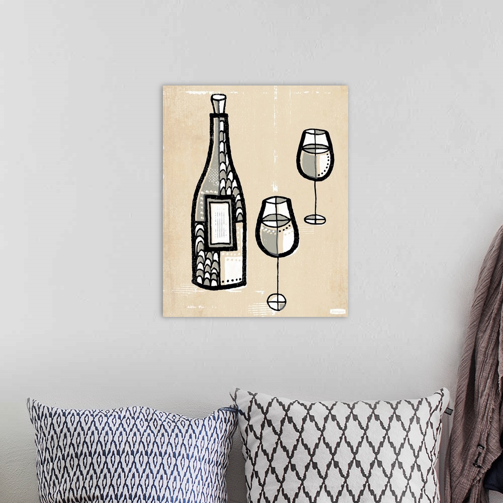 A bohemian room featuring 1960's vintage style wall art of bottle of wine and two wine glasses illustrated in black pen and...