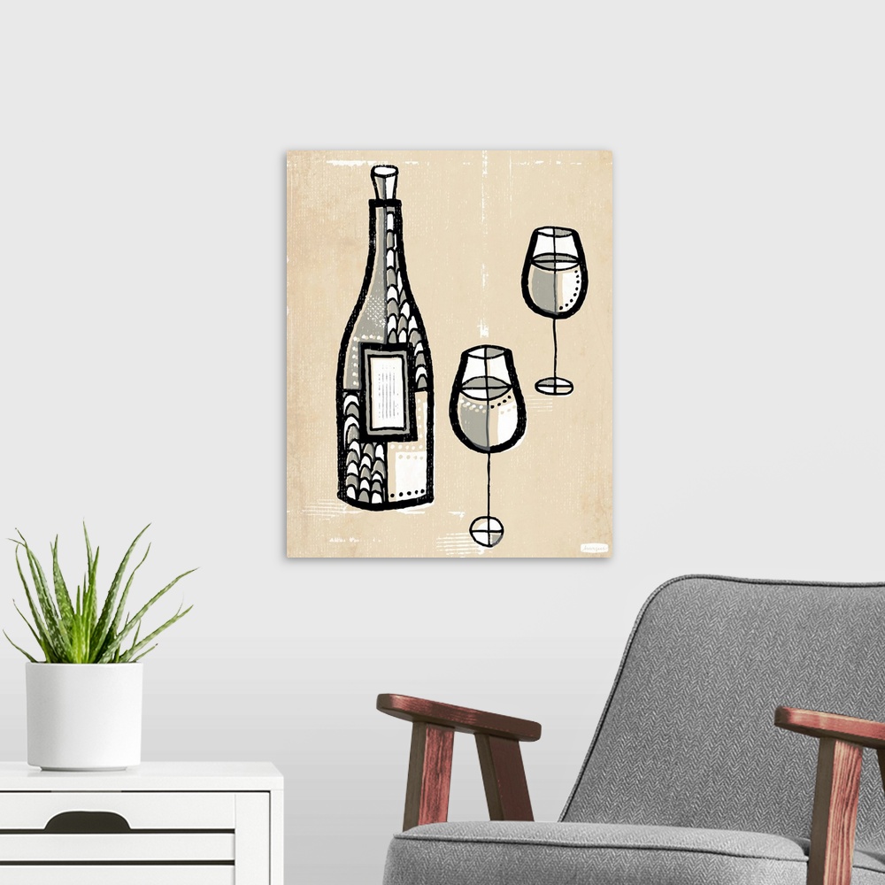 A modern room featuring 1960's vintage style wall art of bottle of wine and two wine glasses illustrated in black pen and...