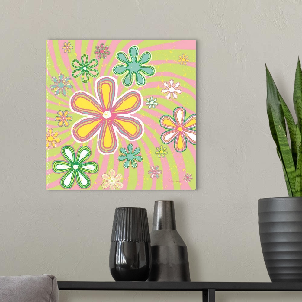 A modern room featuring 1970's retro style wall art of a retro style sky of daisy flowers illustrated in pen and ink line.