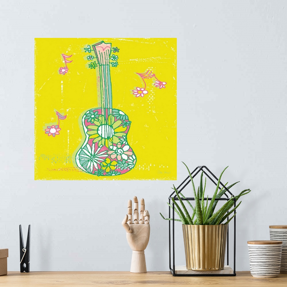 A bohemian room featuring 1970's retro style wall art of a music guitar with daisy flower pattern illustrated in pen and in...
