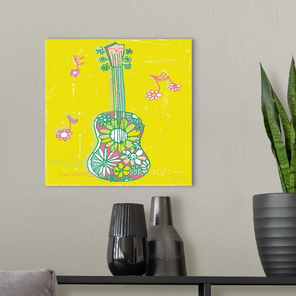 A modern room featuring 1970's retro style wall art of a music guitar with daisy flower pattern illustrated in pen and in...