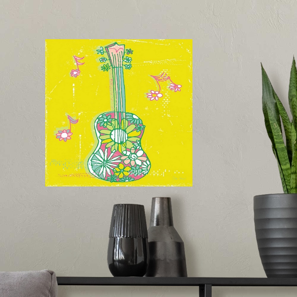 A modern room featuring 1970's retro style wall art of a music guitar with daisy flower pattern illustrated in pen and in...