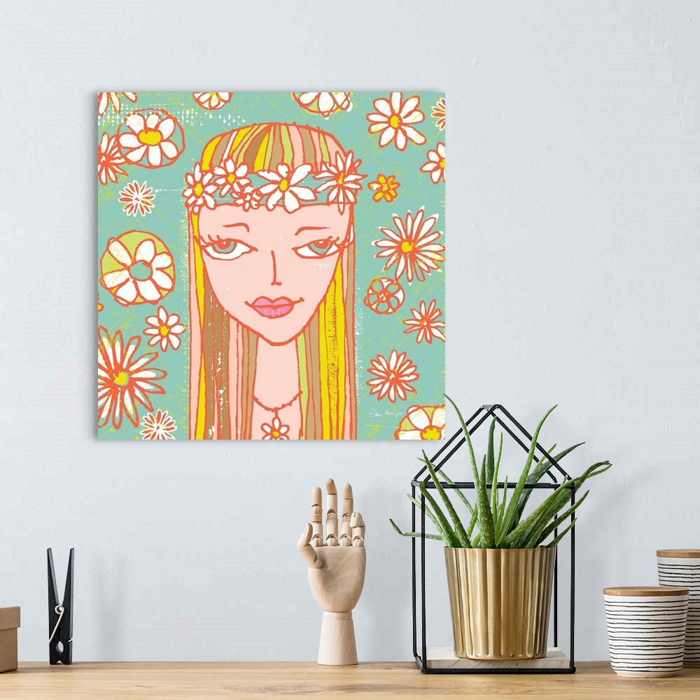 A bohemian room featuring 1970's retro style wall art of girl with groovy flowers in background illustrated in pen and ink ...