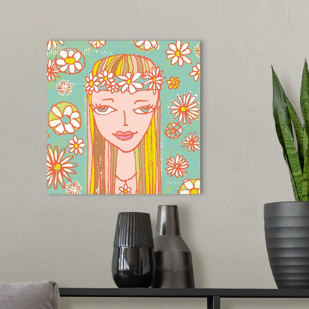 A modern room featuring 1970's retro style wall art of girl with groovy flowers in background illustrated in pen and ink ...