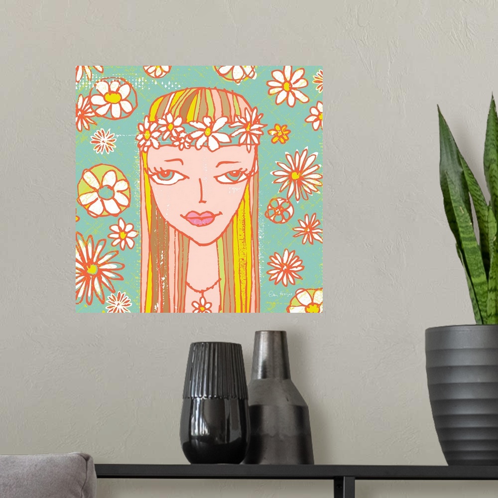 A modern room featuring 1970's retro style wall art of girl with groovy flowers in background illustrated in pen and ink ...