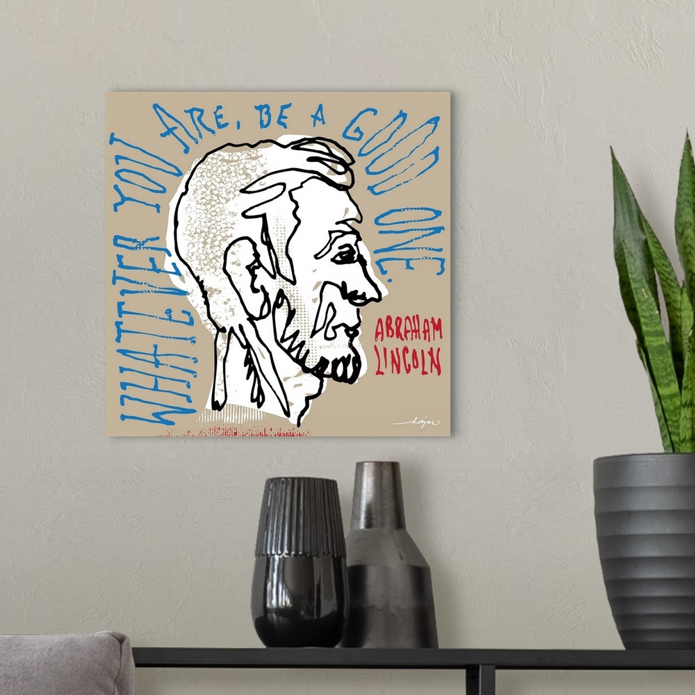 A modern room featuring Profile pen and ink illustration of Abe Lincoln with a quote by Abe Lincoln.