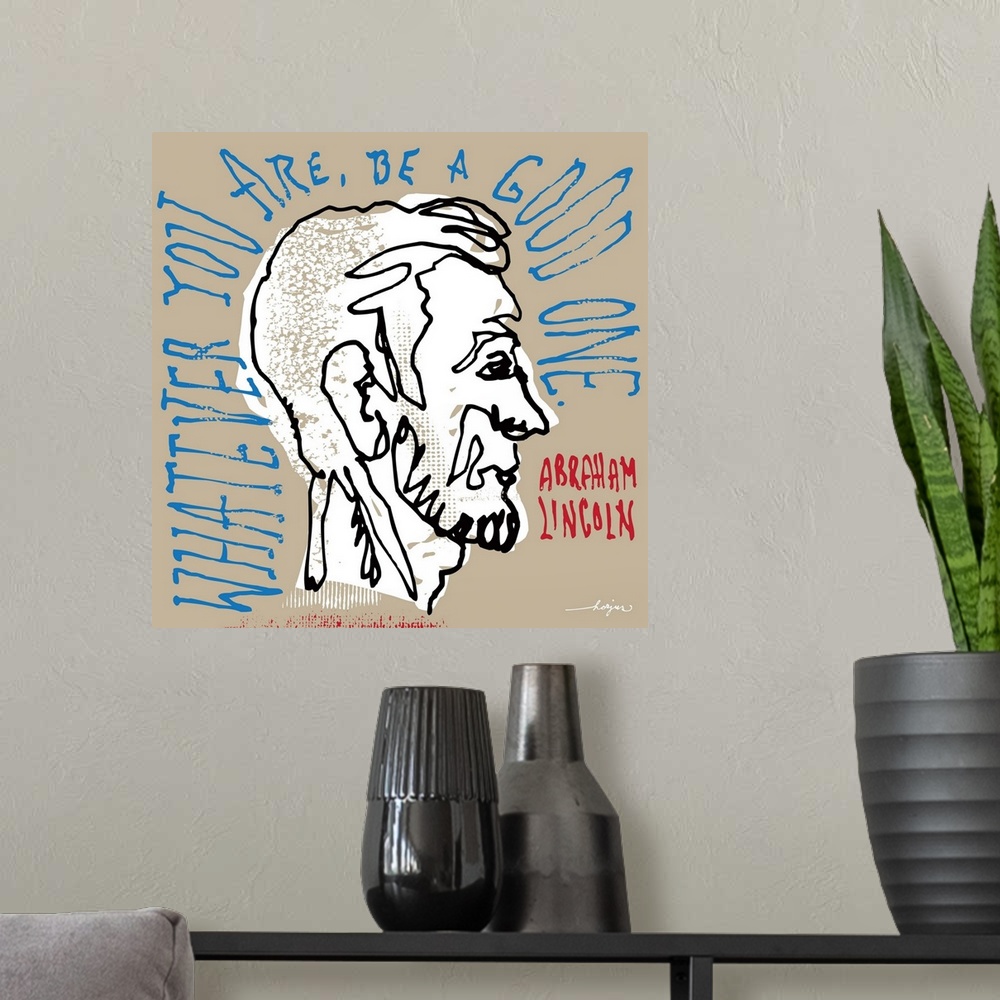 A modern room featuring Profile pen and ink illustration of Abe Lincoln with a quote by Abe Lincoln.