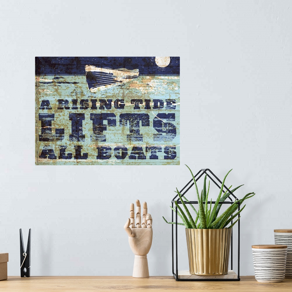 A bohemian room featuring A row boat floating at sea under a full moon with the words A Rising Tide Lifts All Boats.